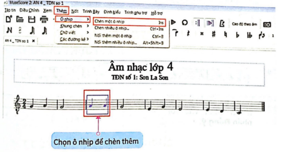 Tin học lớp 5 Bài 4: Chèn ô nhịp và thay đổi thông tin về bản nhạc (ảnh 1)