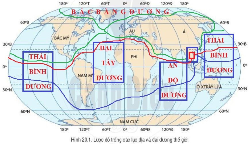 Hãy điền bốn đại dương chính trên thế giới vào lược đồ trống đã chuẩn bị (ảnh 1)