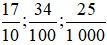 Viết các phân số thập phân 17/10; 34/100; 25/1000 dưới dạng số thập phân