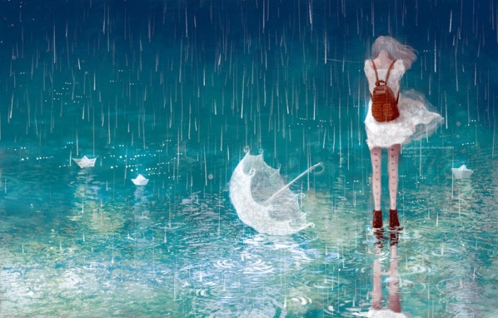 Hình ảnh cô gái đau lòng khóc dưới mưa