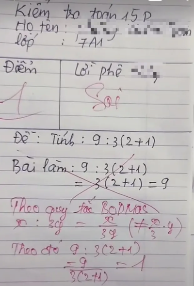 Giáo viên lên tiếng về bài Toán gây sóng gió MXH 9: 3 (2+ 1) = 1 hay 9?