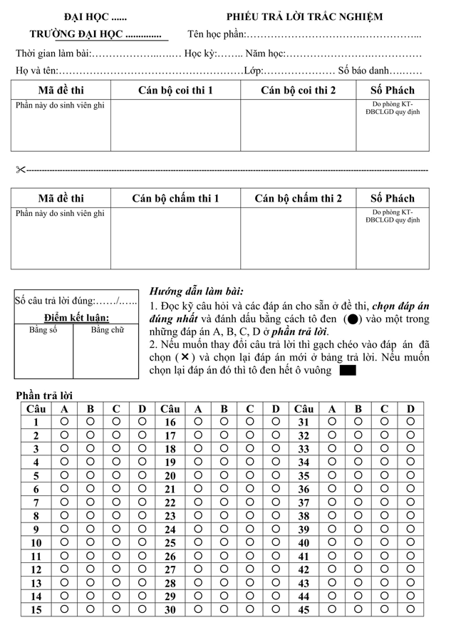 Phiếu làm bài thi trắc nghiệm 45 câu