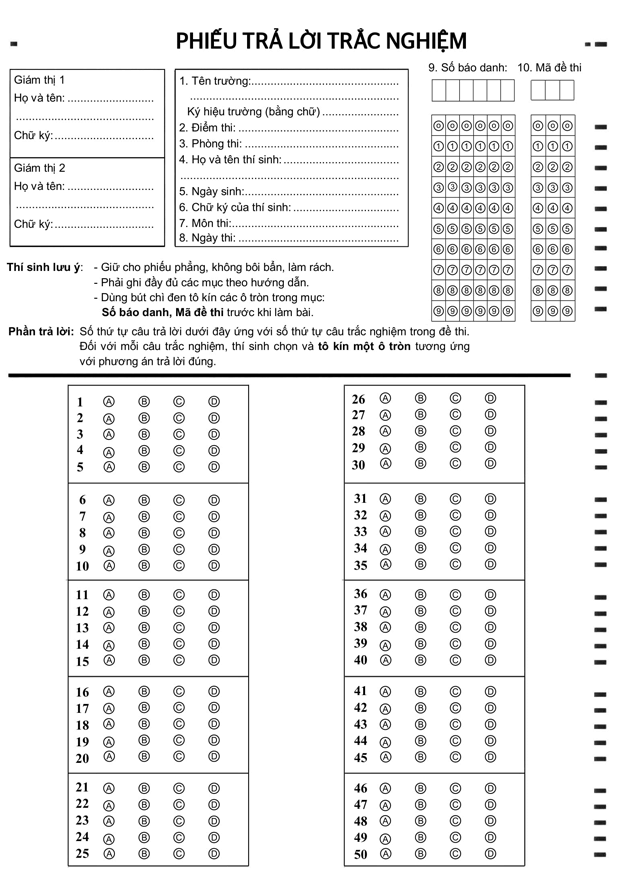 Phiếu làm bài thi trác nghiệm 50 câu