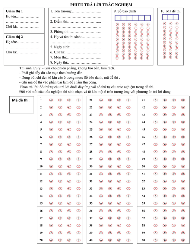 Phiếu làm bài thi trác nghiệm 60 câu
